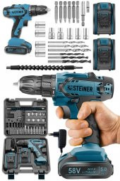 STEİNER Germany Technology Kupfer Darbeli 58 V 5 Ah Çift Akülü Vidalama Matkap Mavi + 24 Parça Set - 2