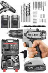 STEİNER Germany Technology Kupfer Darbeli 58 V 5 Ah Çift Akülü Vidalama Matkap Gri + 24 Parça Set thumbnail 2