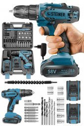STEİNER Germany Technology Kupfer Darbeli 58 V 5 Ah Çift Akülü Vidalama Matkap Mavi + 24 Parça Set - 1