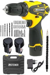 STEİNER Germany Technology 32 V Darbesiz Metal Şanzıman Çift Akülü Şarjlı Vidalama Matkap Sarı + Set - 2