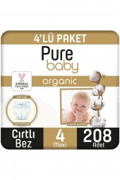 Pure Baby Organik Pamuklu Cırtlı Bez Pure Baby 4lü  Paket 4 Numara Maxi 208 Adet - 1