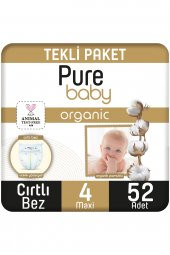 Pure Baby Organik Pamuklu Cırtlı Bez Tekli Paket 4 Numara Maxi 52 Adet - 1