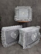 Love Gri Dantelli Kalpli 3lü Çeyizlik Hurç Seti, Düğün, Nişan, Söz, Bohça, Gelin, Damat, Hurcu - 1