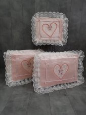 Love Pudra Pembe Dantelli Kalpli 3lü Çeyizlik Hurç Seti, Düğün, Nişan, Bohça, Gelin, Damat, Hurcu - 1