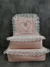 Love Pudra Pembe Dantelli Kalpli 3lü Çeyizlik Hurç Seti, Düğün, Nişan, Bohça, Gelin, Damat, Hurcu - 2