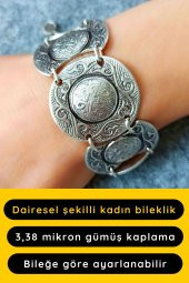Dairesel Şekilli Motifli Kadın Bileklik Gümüş Kaplama Ayarlanabilir El Yapımı Bileklik - 1