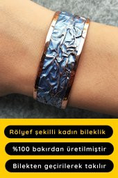 Mavi Renk Rölyef Desen Şekilli Kadın Bileklik El Yapımı Ayarlanabilir Bakır Bileklik - 1