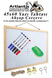 Duvara Monte Beyaz Yazı Tahtası 45x60 cm 1 Adet Yazı Tahta Kalemi ve Silgisi Laminant Yazı Tahtası Ahşap Çerçeveli Askılı Okul Ofis Büro - 1