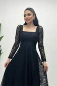 Full Dantel Kumaş Kare Yaka Midi Abiye Elbise - SİYAH - 2