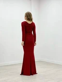 Pırıltı Kumaş Kayık Yaka Balık Elbise - KIRMIZI - 5