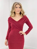 Pırıltı Kumaş Kayık Yaka Balık Elbise - KIRMIZI - 4