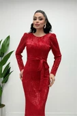 Tül Payet Kumaş Balık Abiye Elbise - KIRMIZI thumbnail 1