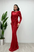 Tül Payet Kumaş Balık Abiye Elbise - KIRMIZI - 4