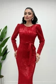 Tül Payet Kumaş Balık Abiye Elbise - KIRMIZI - 1