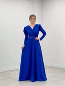 Krep Kumaş Kruvaze Yaka Kiloş Elbise - SAKS MAVİ thumbnail 2