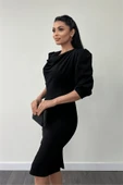 Krep Kumaş Degaje Yaka Kalem Elbise - SİYAH - 4