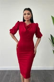 Krep Kumaş Degaje Yaka Kalem Elbise - KIRMIZI - 4