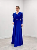 Krep Kumaş Kruvaze Yaka Kiloş Elbise - SAKS MAVİ thumbnail 1