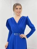 Krep Kumaş Kruvaze Yaka Kiloş Elbise - SAKS MAVİ thumbnail 3