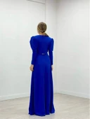 Krep Kumaş Kruvaze Yaka Kiloş Elbise - SAKS MAVİ thumbnail 5