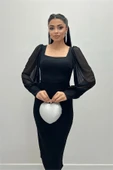 Krep Kumaş Kare Yaka Kalem Elbise - Siyah - 3