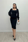Krep Kumaş Kare Yaka Kalem Elbise - Siyah - 1