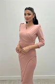 Krep Kumaş Midi Boy Elbise - Pudra - 3