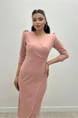 Krep Kumaş Midi Boy Elbise - Pudra - 4
