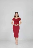 Kayık Yaka Kalem Elbise - Bordo thumbnail 1