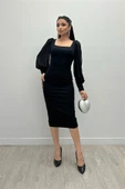 Krep Kumaş Kare Yaka Kalem Elbise - Siyah - 2