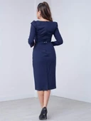 Atlas Kumaş Kalp Yaka Kemerli Elbise - LACİVERT - 5