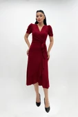 İthal Simli Kumaş Kuşak Detaylı Midiboy Elbise - KIRMIZI thumbnail 4