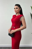 Atlas Kumaş Omuz Taşlı Püsküllü Elbise - KIRMIZI thumbnail 4