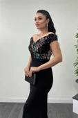 Üstü Payet Altı Krep Balık Abiye Elbise - Siyah - 3