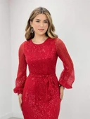 Tül Payet Tasarım Elbise  - KIRMIZI - 4