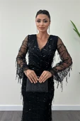 Pul Saçaklı Tasarım Elbise - Siyah - 4