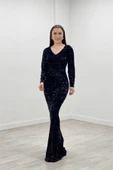 Payet Kumaş Beli Saten Kuşak Abiye Elbise - SİYAH - 1