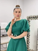 Saten Kumaş Kemer Detaylı Midi Elbise - ZÜMRÜT YEŞİL - 4