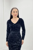 Payet Kumaş Beli Saten Kuşak Abiye Elbise - SİYAH - 4