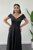 Saten Kumaş Kayık Yaka Abiye Elbise - SİYAH - 3