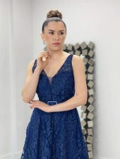 Simli Kumaş Kalın Askılı Midi Elbise - LACİVERT - 4