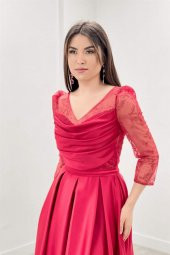 Üst Simli Tül Kumaş Alt Saten Kumaş Pileli Elbise - KIRMIZI - 4