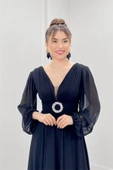 Şifon Kumaş Midi Boy Elbise - SİYAH - 3