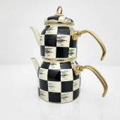 Acar Kitchen Beyond Dama Desen Siyah-Krem Mini Emaye Çaydanlık Takımı 5758 - 1