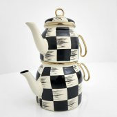 Acar Kitchen Beyond Dama Desen Siyah-Krem Mini Emaye Çaydanlık Takımı 5758 - 5