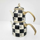 Acar Kitchen Beyond Dama Desen Siyah-Krem Mini Emaye Çaydanlık Takımı 5758 - 6