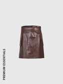 Desenli Deri Cep Kapaklı Mini Etek Kahverengi thumbnail 4