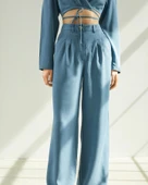 Pileli Bol Paça Mavi Pantolon thumbnail 3