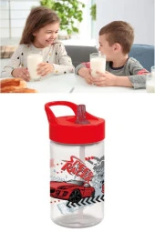 Flosoft Yarış Arabası Pipetli Çocuk Matara, Racer Desen Kapaklı Su Süt Meşrubat Bardağı 430ml - 1