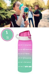 Flosoft 1 litre Çift Renk Suluk, Okul ve Sporcu Matarası, Motivasyonel Su Şişesi 1000ml Pembe - 1